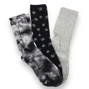 Jenni Womens 3-Pk Crew Socks OS Mid Calf Daisy Tie Dye Solid Black
